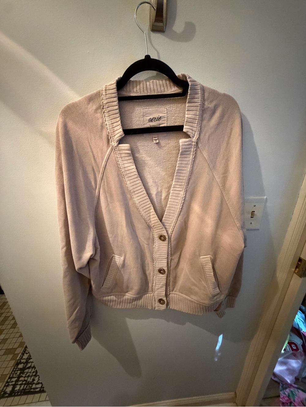 aerie Light Cream Button-Front Ribbed Cardigan